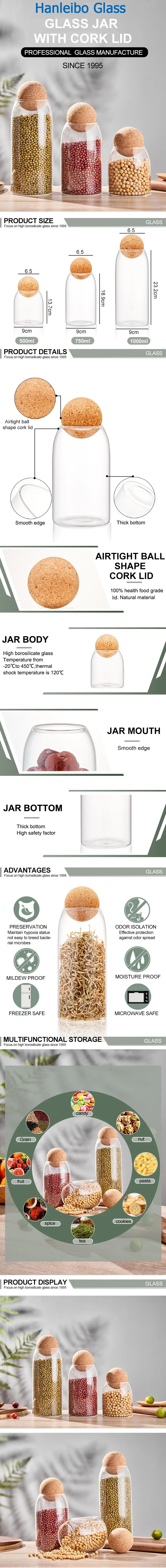 500ml 800ml 1200ml High Borosilicate Glass Jar with Cork Ball Lid,Pickle Packing Machine Clear Glass Storage Jar,Glass Can with Customed Logo,Glass Spice Tank.