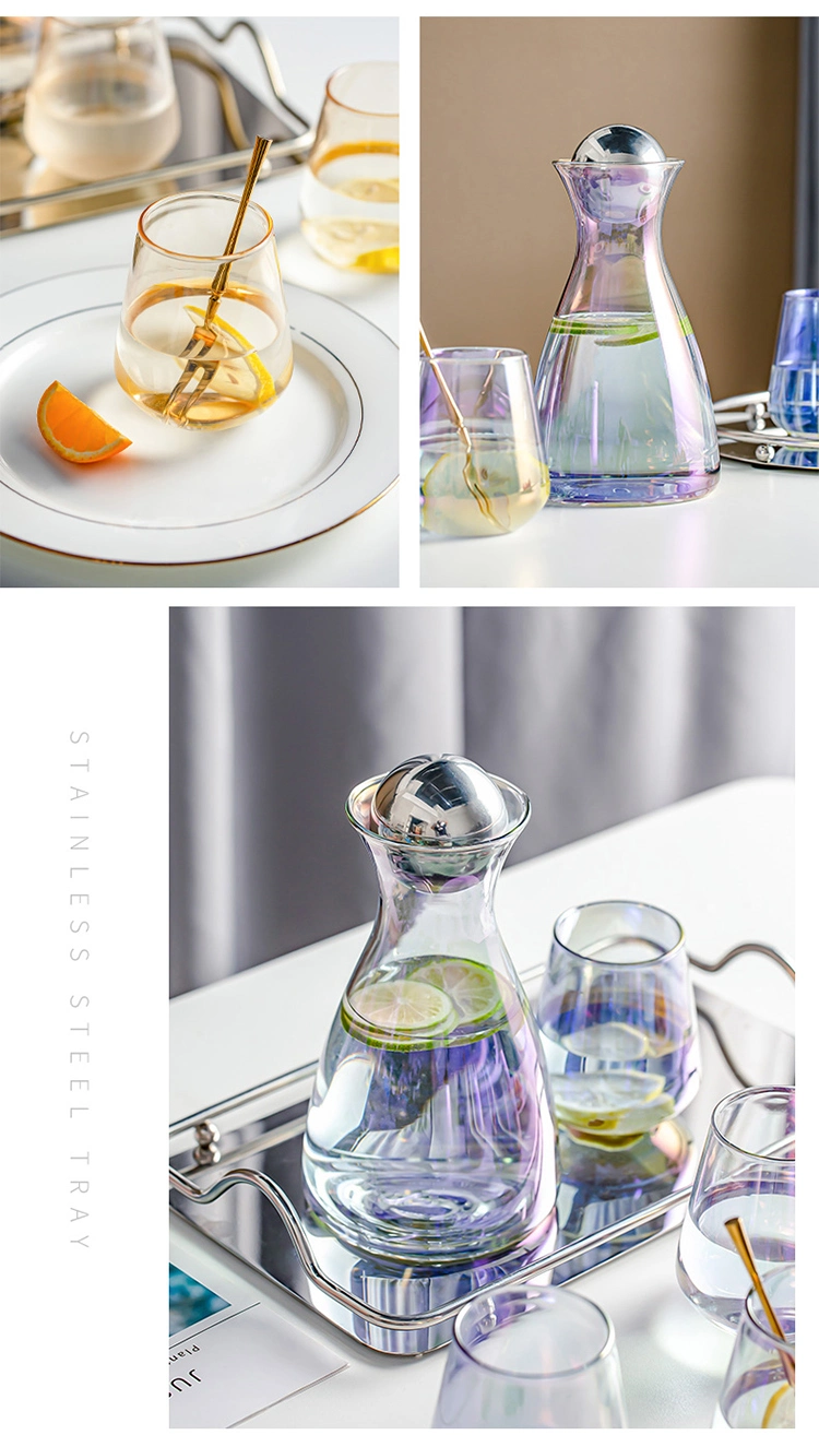 Handmade Plating Colorful Borosilicate Glass Water Jug Set Glass Water Pitcher Set Glassware with Glass Cups and Stainless Steel Plate